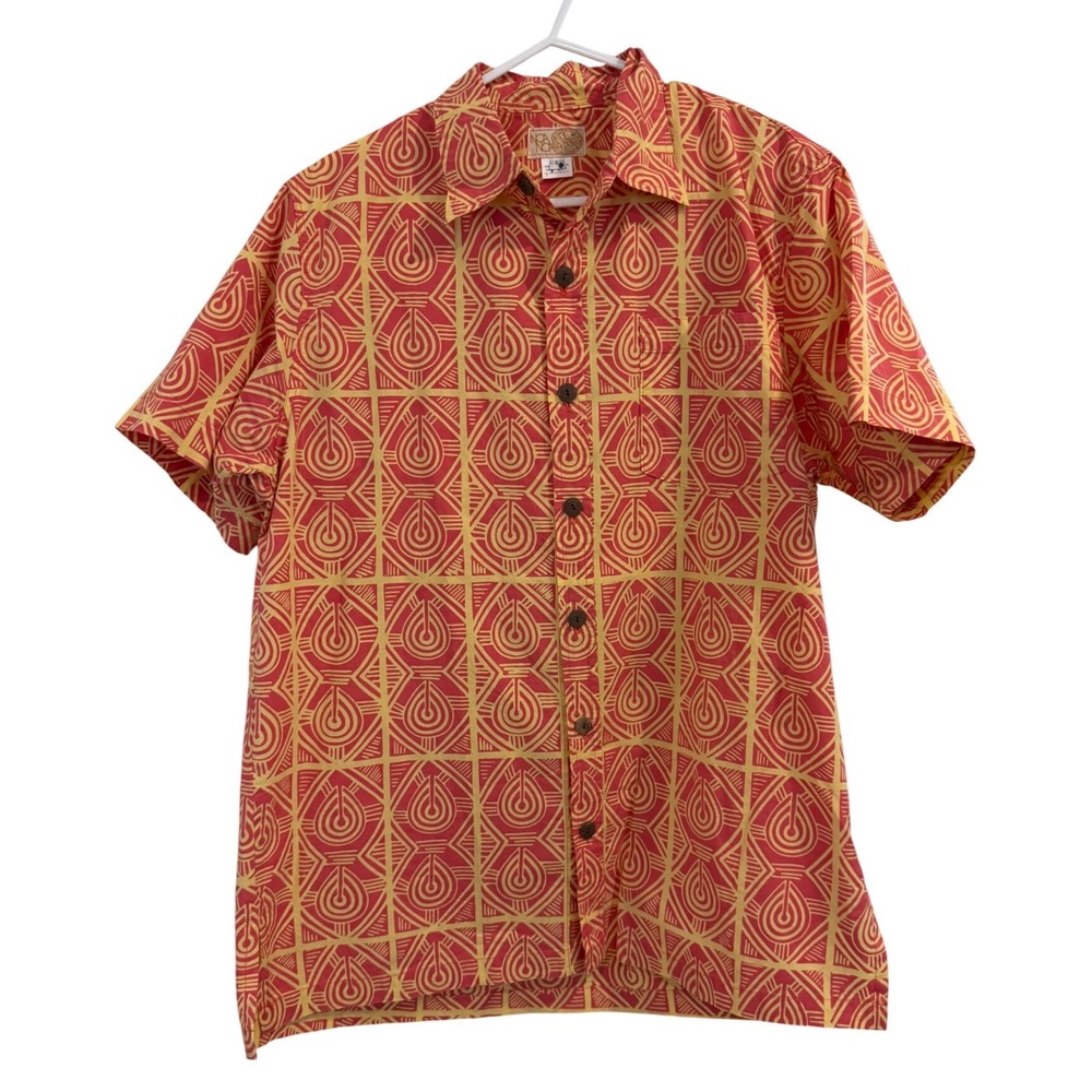Noa Noa Hawaii Mens Large Red Yellow Geometric Tribal Cotton Batik Aloha Shirt